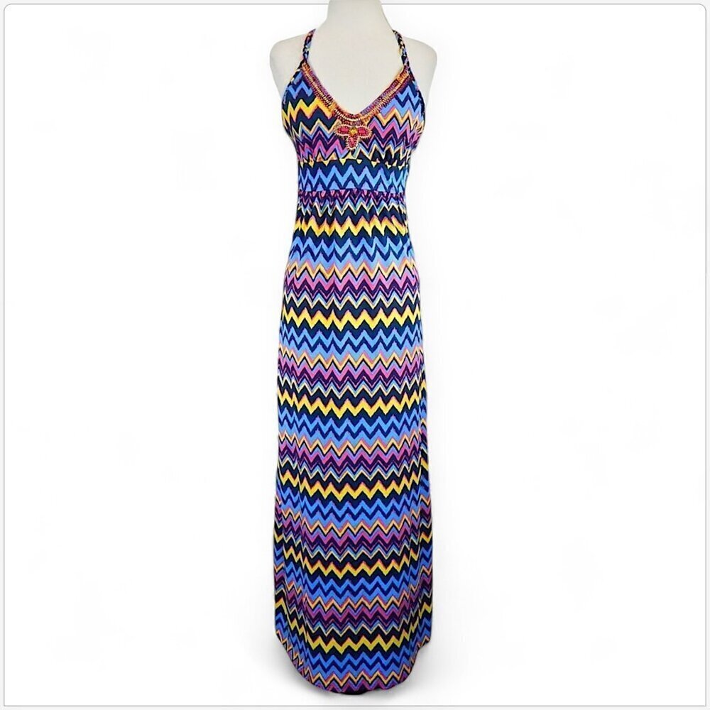 Joyous & Free Long Colorful Zig Zag Empire Waist Beaded Maxi Summer Dress XS